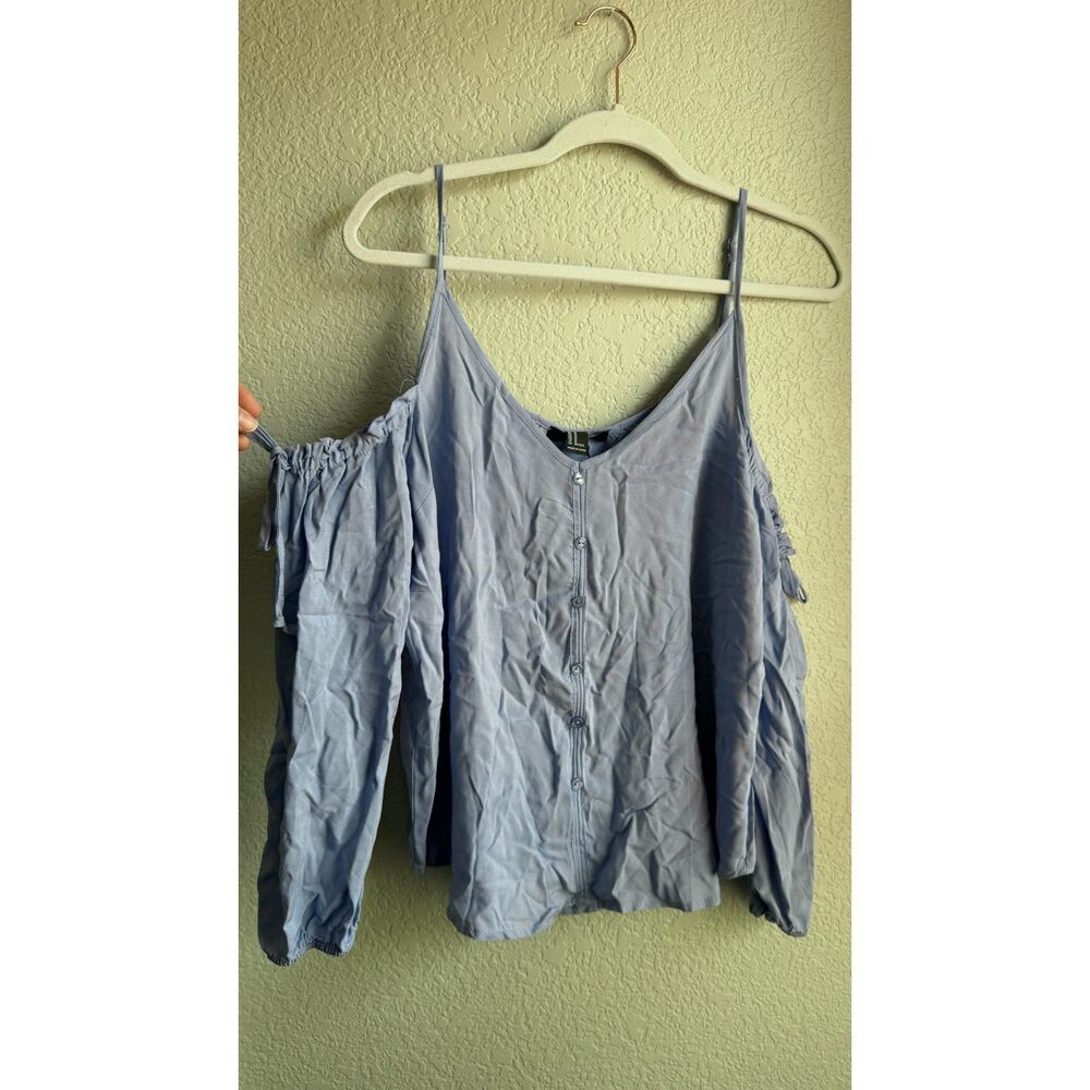 Forever 21 Blue Cold Shoulder Ruched Tie Sleeve Blouse NWT Medium